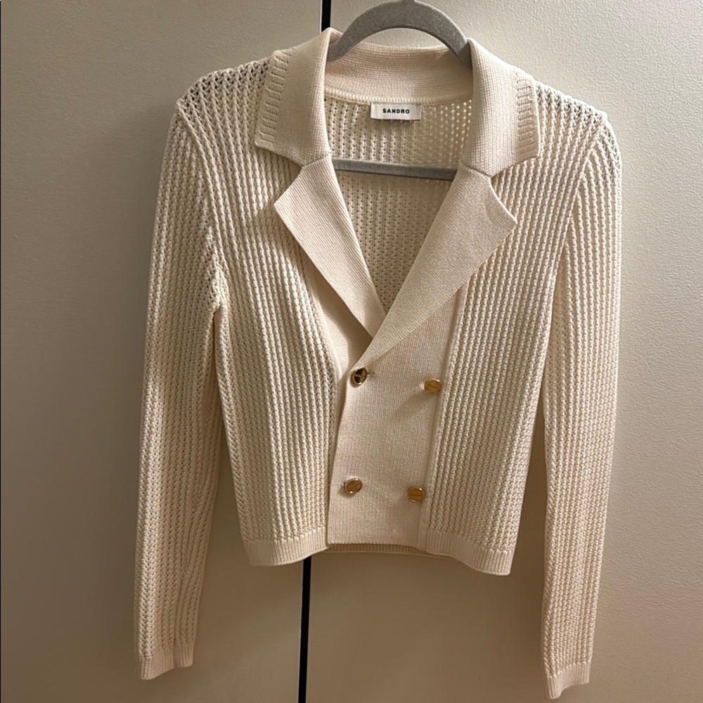 Sandro Cream Double-Breasted Knit Cardigan